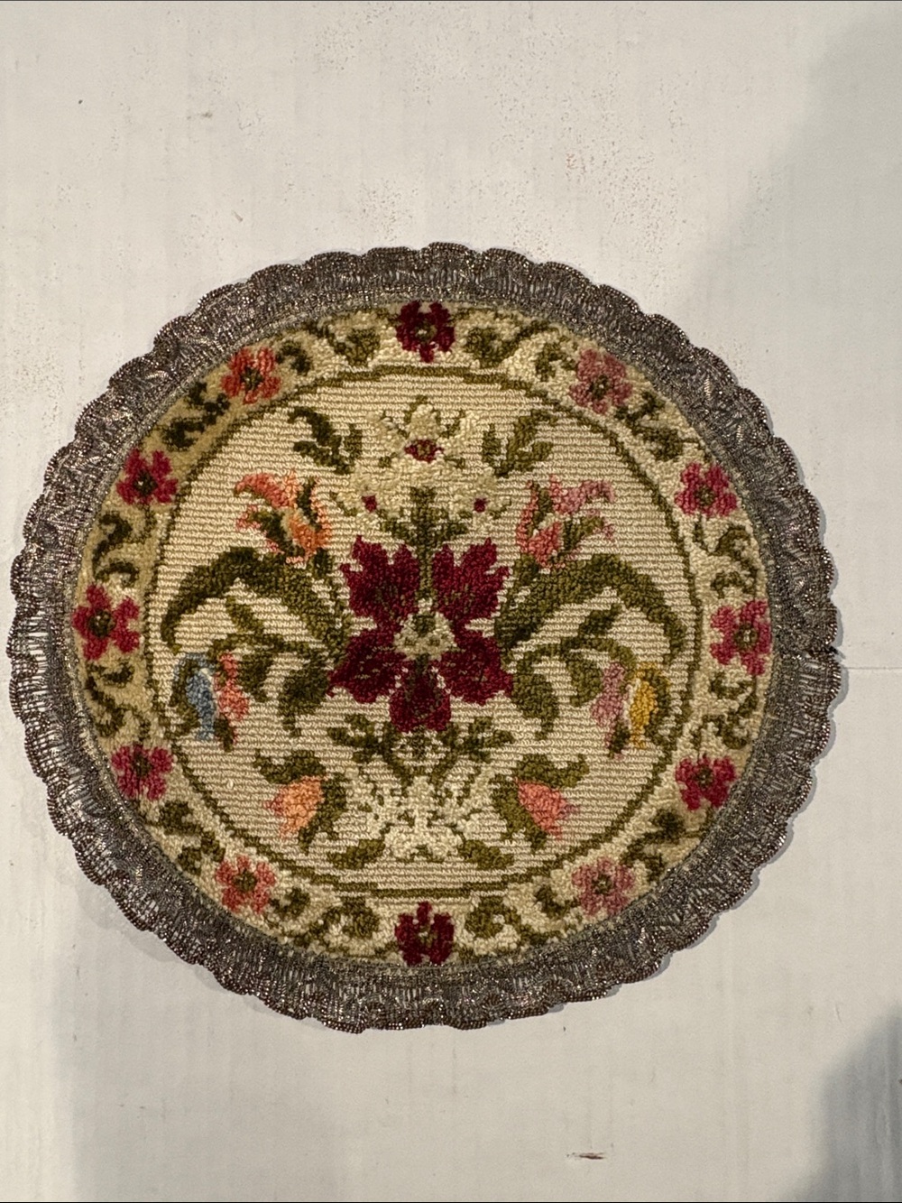 Vintage-Inspired Floral Round Doyle- Cream and Burgundy